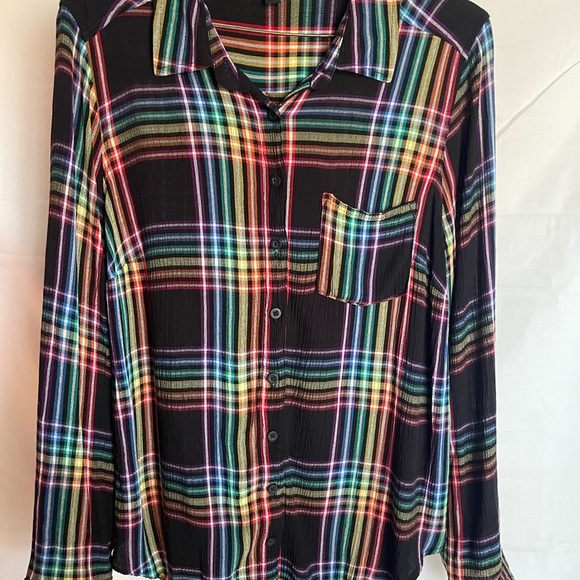 torrid Tops - Torrid Crepe Lon’s sleeve button down rainbow plaid shirt